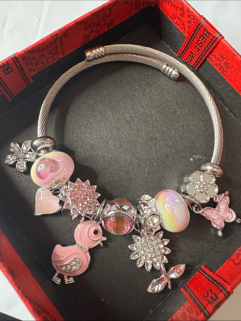 Silver-Tone Pink Charm Bracelet with Pastel Glass Beads